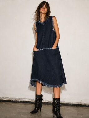 Marques’Almeida Denim Asymmetrical Frayed Shift Dress
